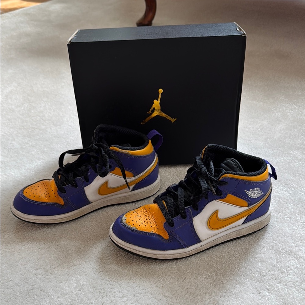 Nike Air Jordan 1 Mid Purple and Gold Sneakers Iconic Style size 2.5Y